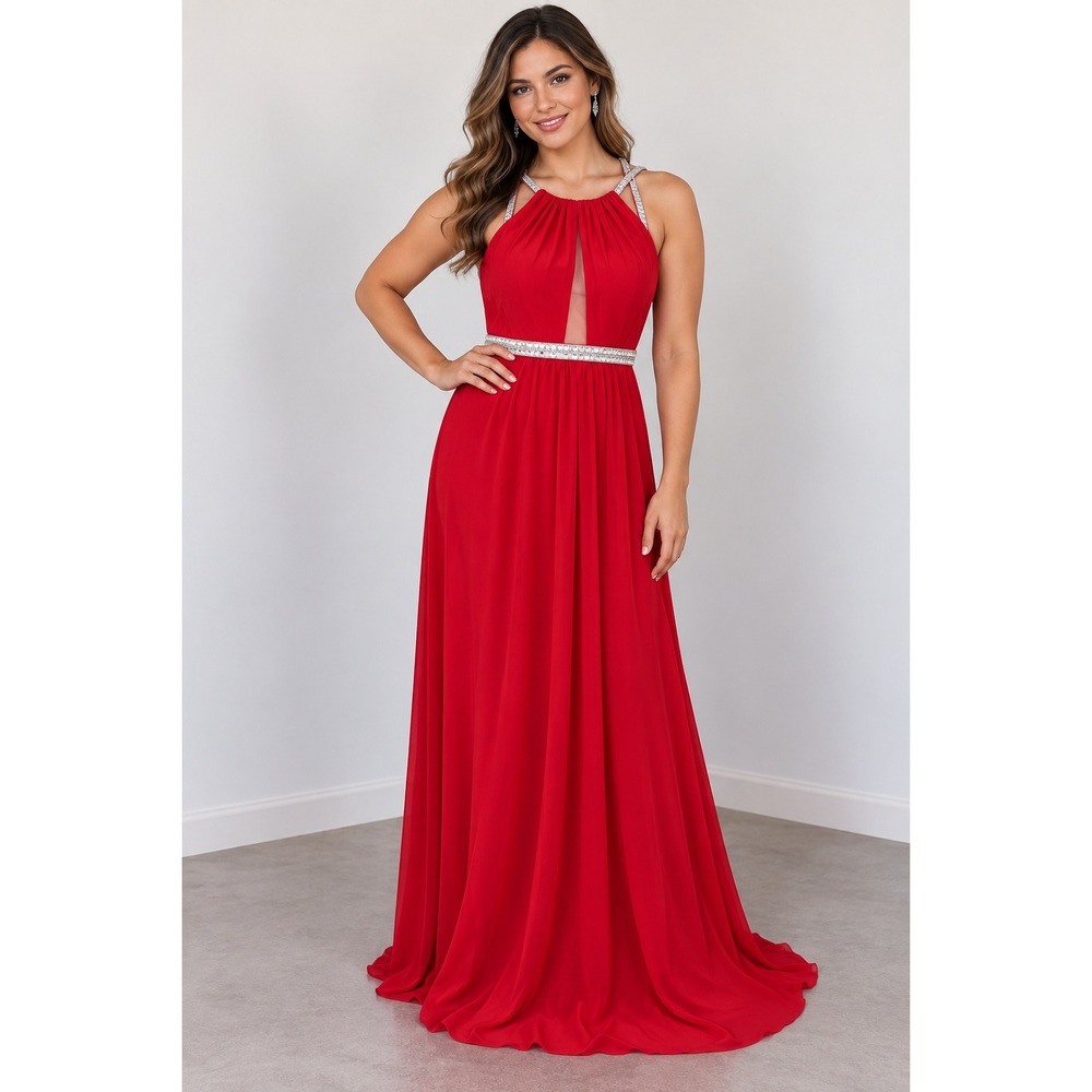 GB Red Rhinestone Halter Keyhole Maxi Gown Open Back Formal Dress XS 7666